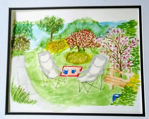 Lynne, summer garden to relax in, watercolour.